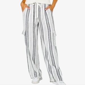Roxy Women's Linen Blend Cargo Pants, White with Gray/Black Stripes, Large, NWT